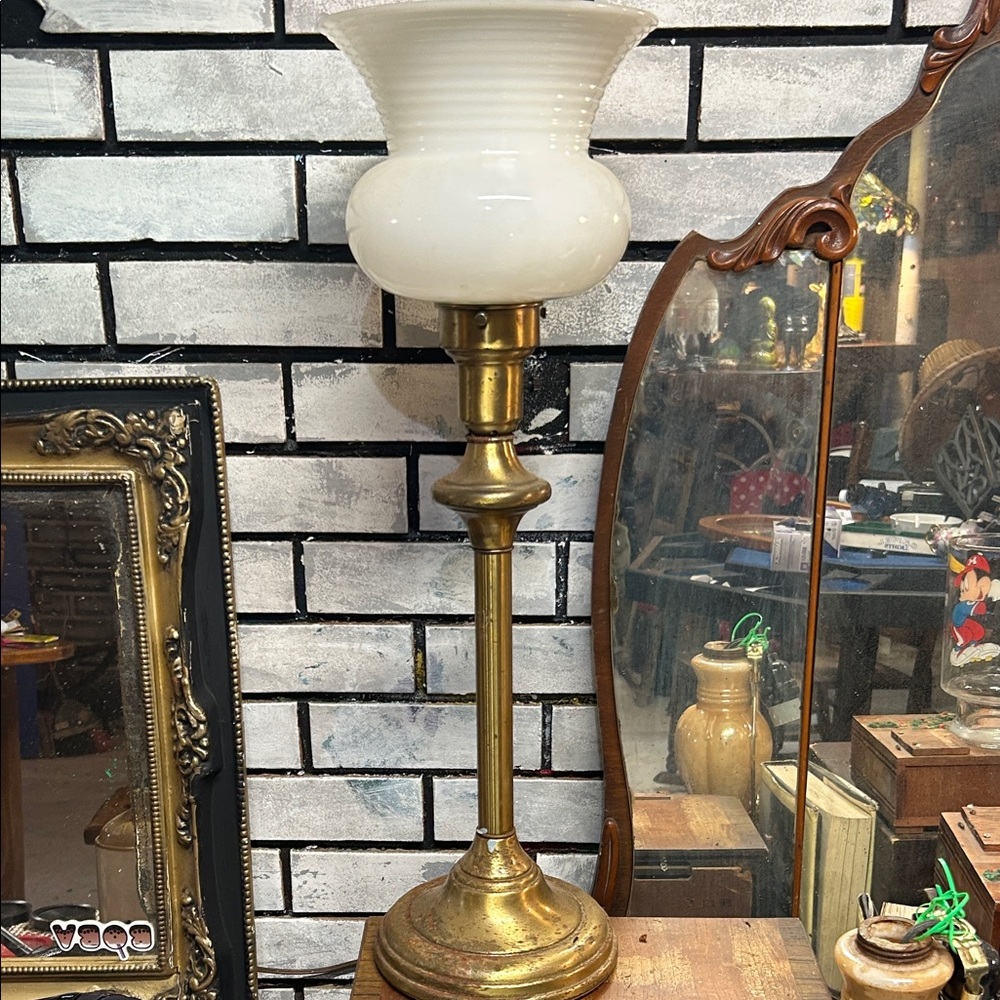 Vintage Brass Table Lamp with White Glass Shade